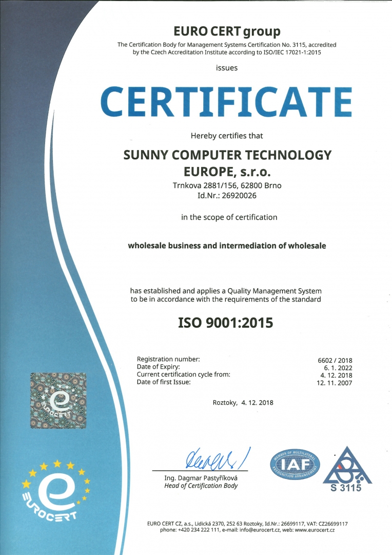 Iso 9001 2015 Sunny Computer Technology Europe